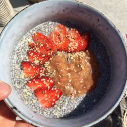 Chia pudding with rhubarb strawberry apple compote